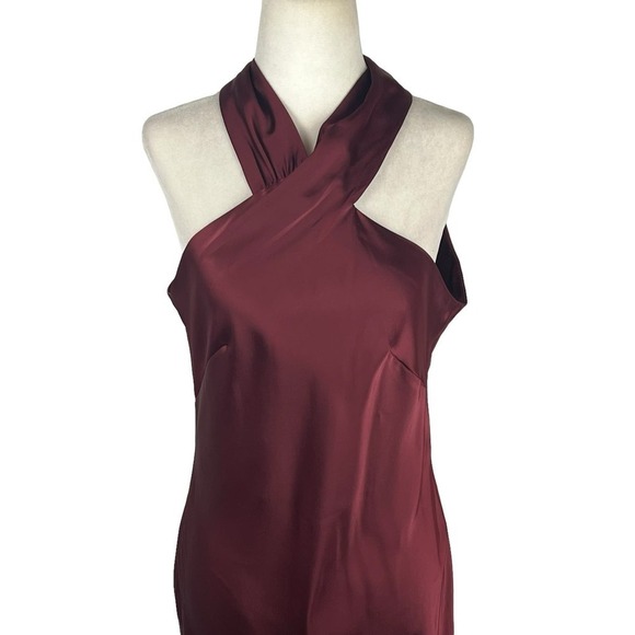 LOVELY TWIST HALTER BRIDESMAID MAXI TRUMPET GOWN IN CABERNET NWT WOMEN'S SMALL - Picture 3 of 15